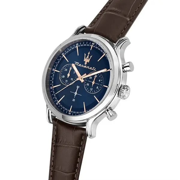 Maserati 42mm Epoca Chronograph Blue Dial Brown Leather Strap Watch