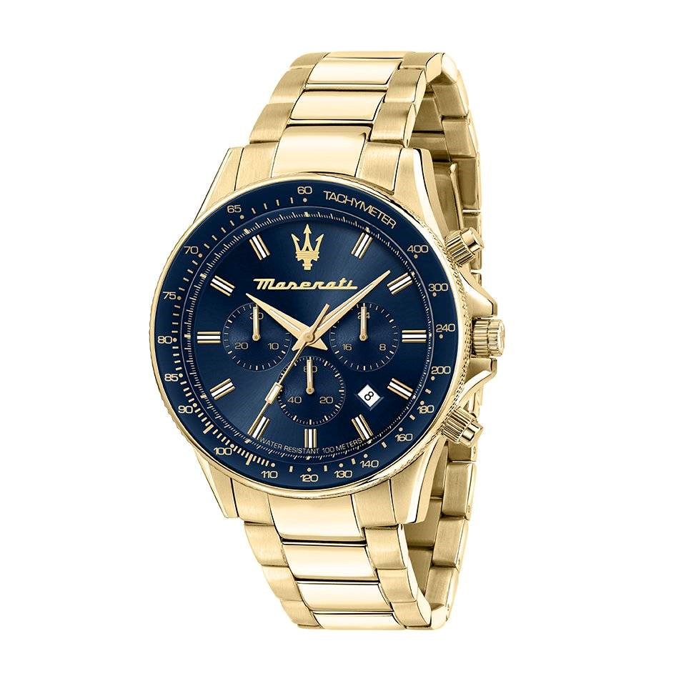 Maserati 42mm Sfida Blue Dial Chronograph Gold Toned Link Watch