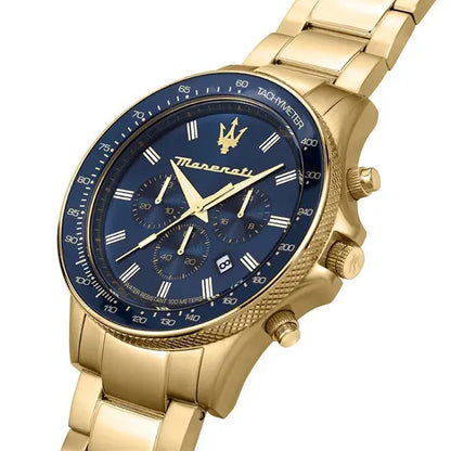 Maserati 42mm Sfida Blue Dial Chronograph Gold Toned Link Watch