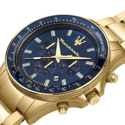 Maserati 42mm Sfida Blue Dial Chronograph Gold Toned Link Watch