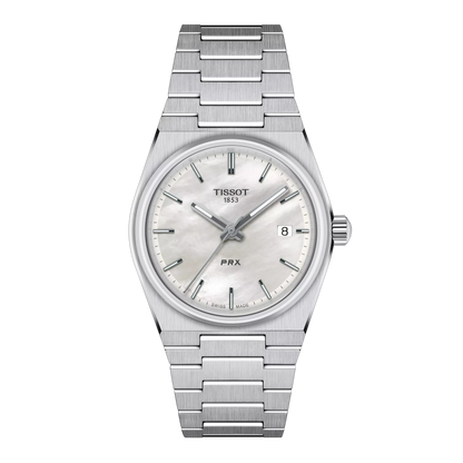 Tissot 35mm Silver PRX, White Mother of Pearl & Date Dial, Ladies Bracelet Watch