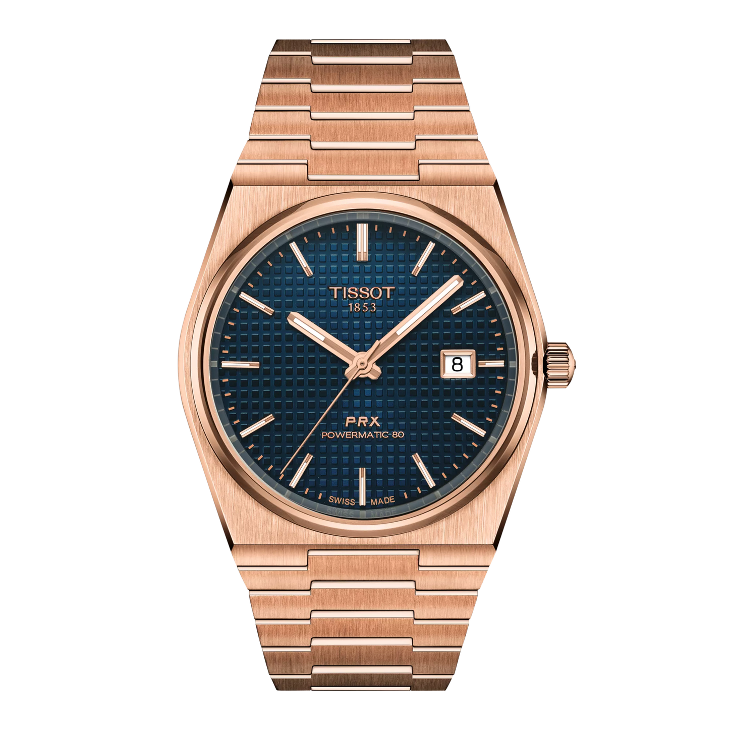 Tissot 40mm Automatic Rose Tone PRX, Blue Guilloché & Date Dial, Gents Bracelet Watch