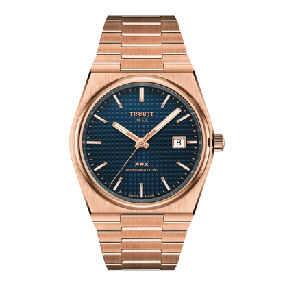 Tissot 40mm Automatic Rose Tone PRX, Blue Guilloché & Date Dial, Gents Bracelet Watch