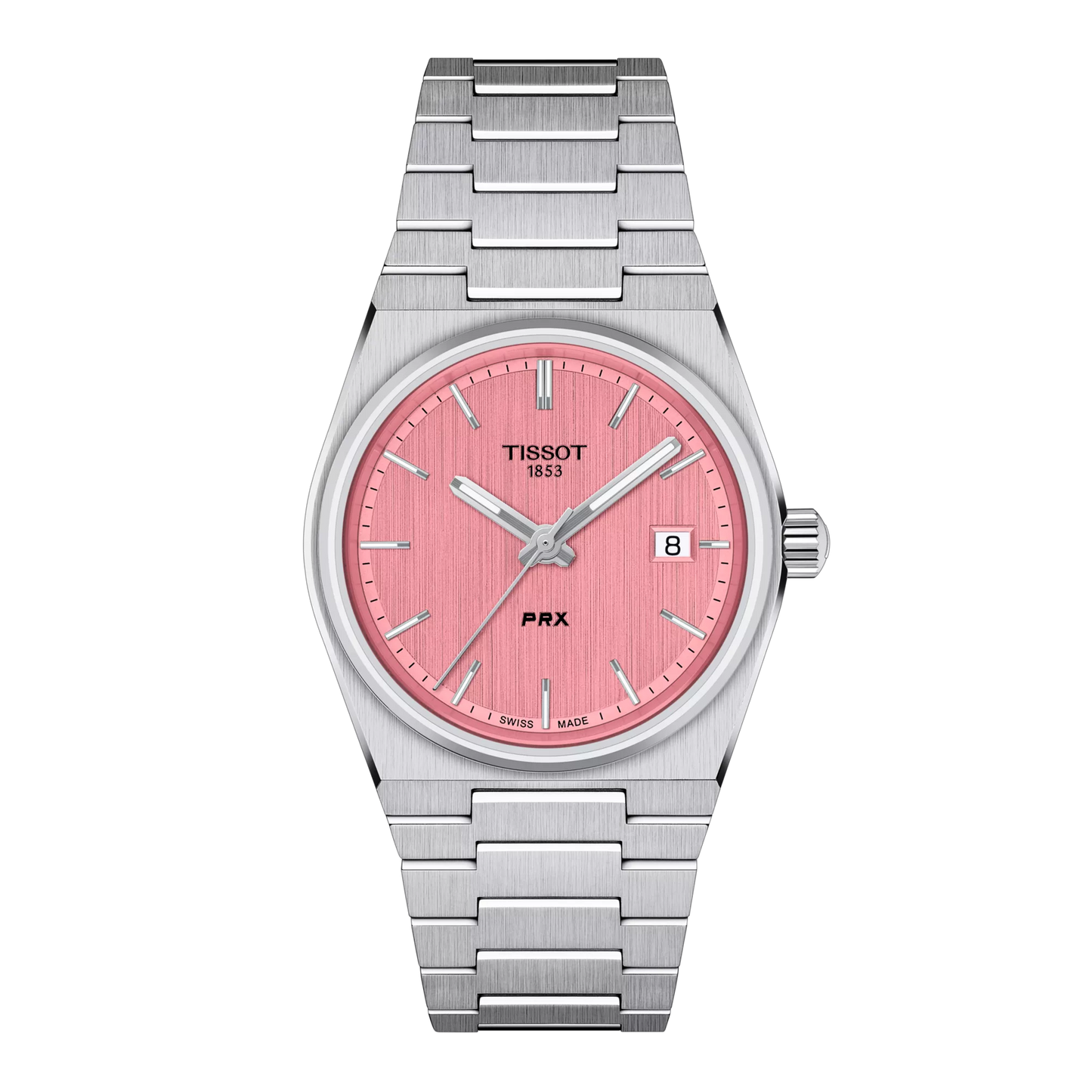 Tissot 35mm Silver PRX, Pink & Date Dial, Ladies Bracelet Watch