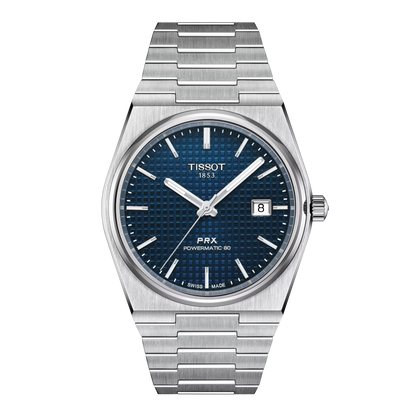 Tissot 40mm Automatic Silver Tone PRX, Blue Guilloché & Date Dial, Gents Bracelet Watch