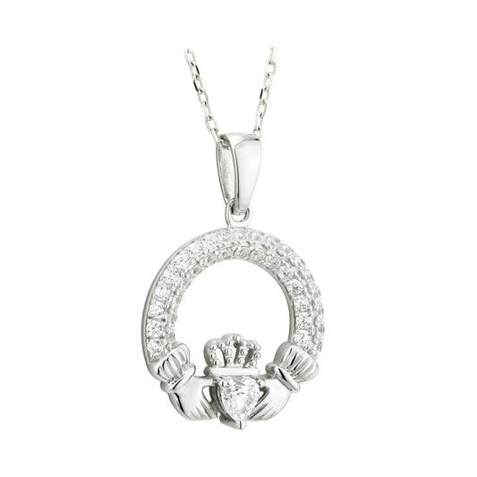 Sterling Silver April Birthstone Claddagh Pendant Necklace