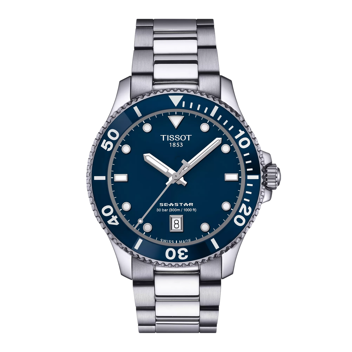Tissot 40mm Silver Seastar 1000, Blue Diver Style, Gents Bracelet Watch