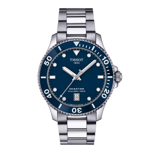 Tissot 40mm Silver Seastar 1000, Blue Diver Style, Gents Bracelet Watch