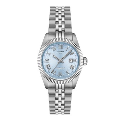 Tissot 30mm Silver Automatic Ballade, Ice Blue Fluted Dial & Bezel, Ladies Bracelet Watch