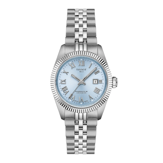 Tissot 30mm Silver Automatic Ballade, Ice Blue Fluted Dial & Bezel, Ladies Bracelet Watch