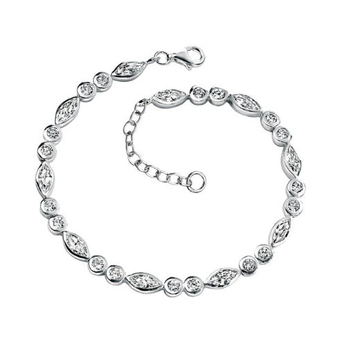 Sterling Silver Round CZ & Marquise Line Bracelet