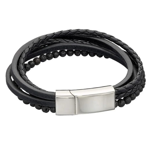 Stainless Steel Multi Row Black Leather Lava Beads Mens Bracelet