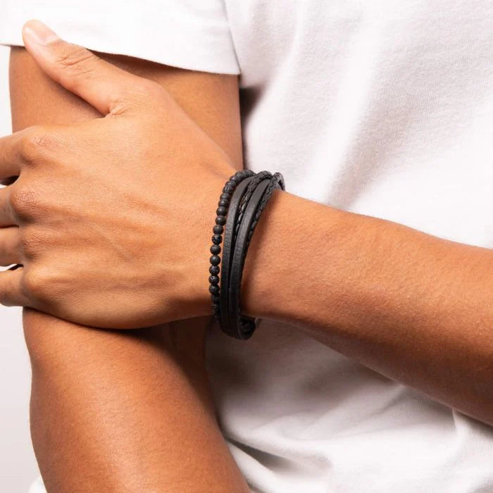 Stainless Steel Multi Row Black Leather Lava Beads Mens Bracelet
