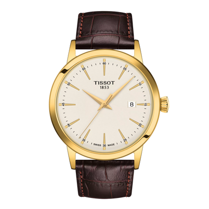 Tissot 42mm Yellow Tone Classic Dream, Vintage Ivory Date Dial, Gents Brown Strap Watch
