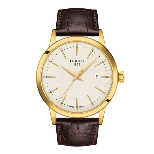 Tissot 42mm Yellow Tone Classic Dream, Vintage Ivory Date Dial, Gents Brown Strap Watch