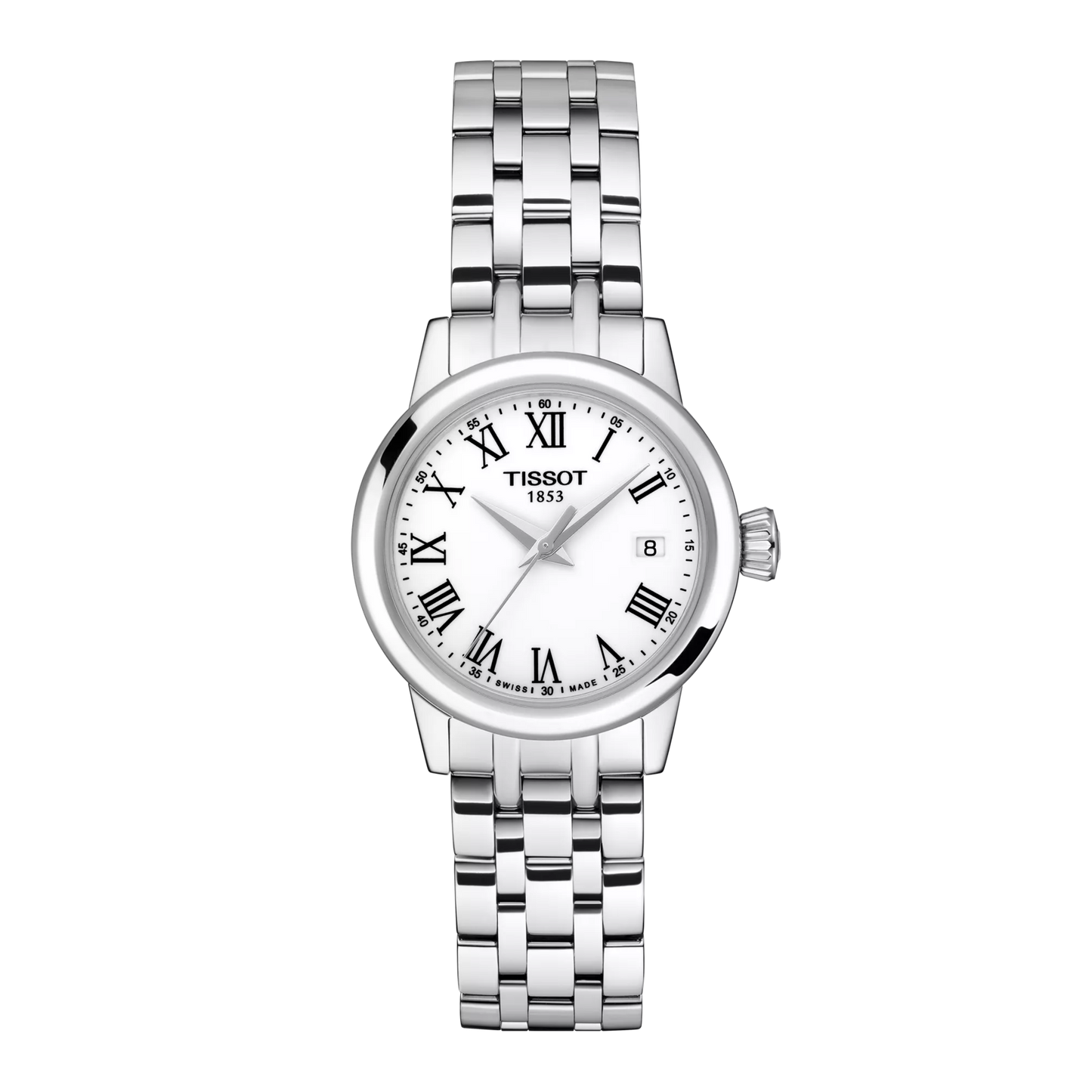 Tissot 28mm Silver Classic Dream, White & Black Date Dial, Ladies Bracelet Watch