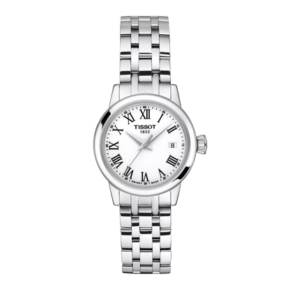 Tissot 28mm Silver Classic Dream, White & Black Date Dial, Ladies Bracelet Watch
