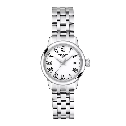 Tissot 28mm Silver Classic Dream, White & Black Date Dial, Ladies Bracelet Watch