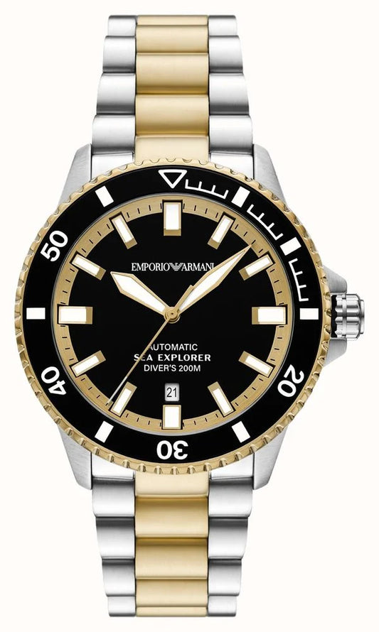Emporio Armani 42mm Sea Explorer Black Dial Two Tone Bracelet Watch