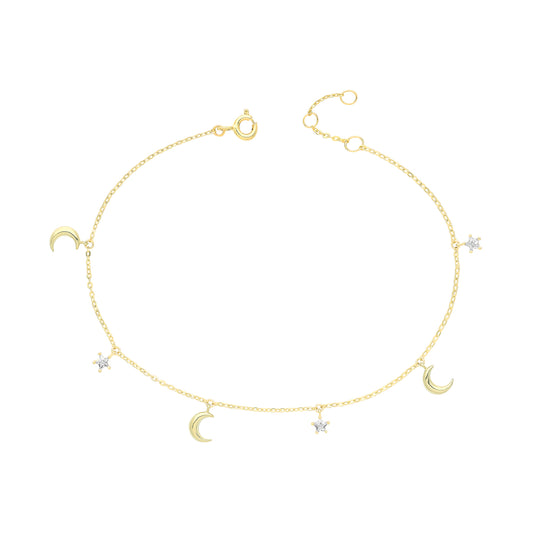 9ct Yellow Gold Star & Crescent Moon CZ Bracelet