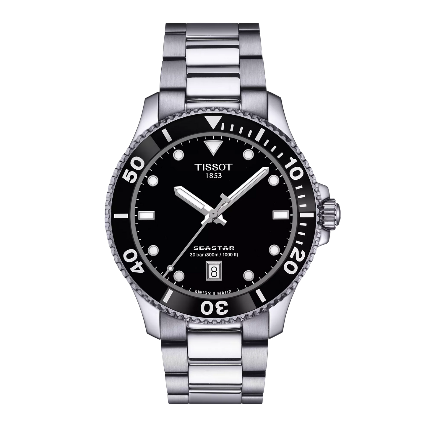 Tissot 40mm Silver Seastar 1000, Black Diver Style, Gents Bracelet Watch