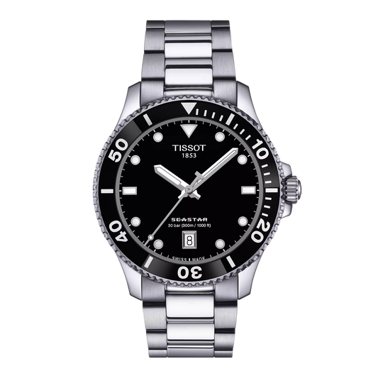 Tissot 40mm Silver Seastar 1000, Black Diver Style, Gents Bracelet Watch