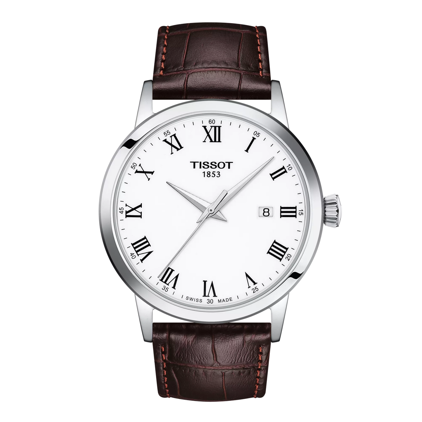 Tissot 42mm Silver Tone Classic Dream, White & Date Dial, Gents Brown Strap Watch