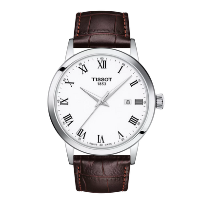 Tissot 42mm Silver Tone Classic Dream, White & Date Dial, Gents Brown Strap Watch
