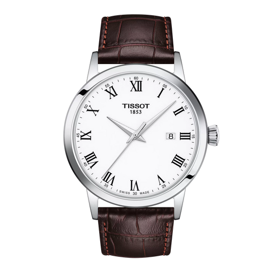 Tissot 42mm Silver Tone Classic Dream, White & Date Dial, Gents Brown Strap Watch