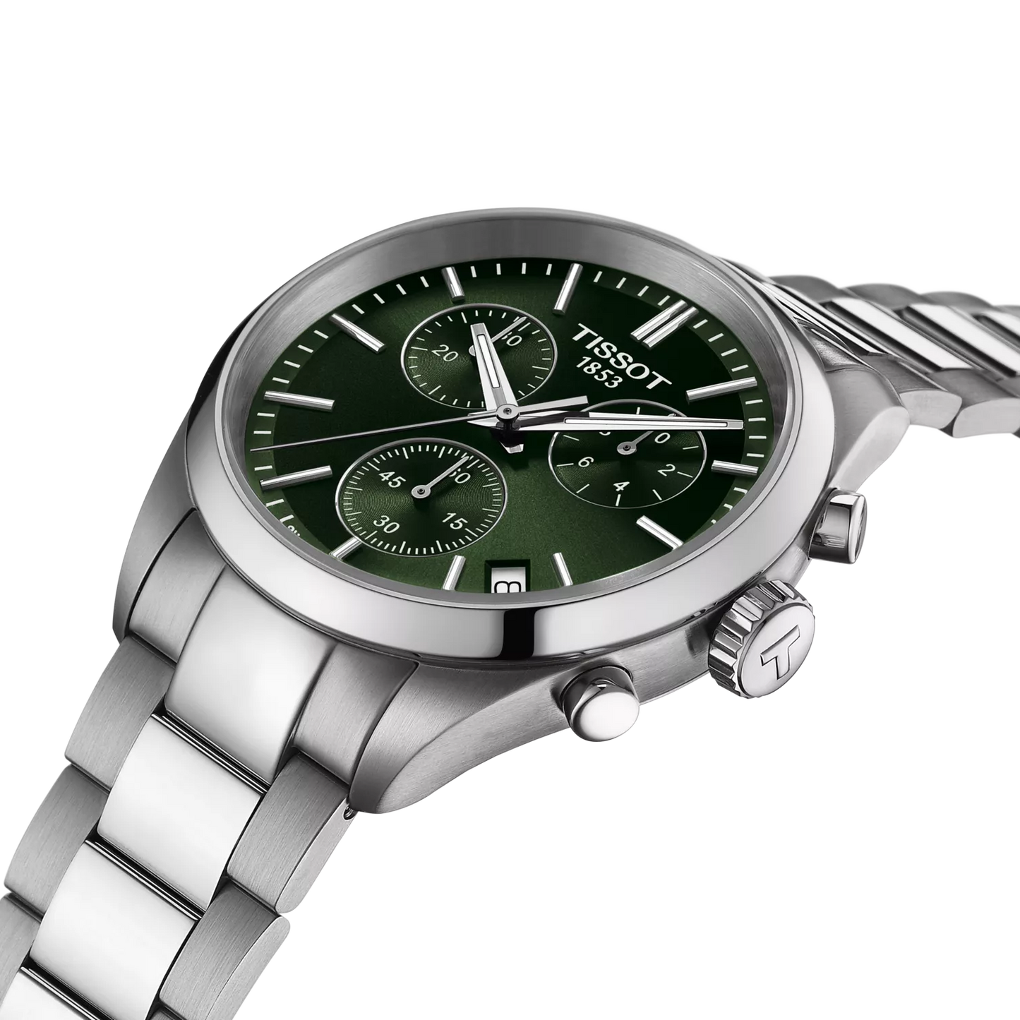 Tissot 40mm Silver Tone PR100, Green Chronograph, Gents Bracelet Watch