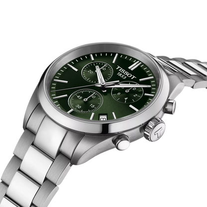 Tissot 40mm Silver Tone PR100, Green Chronograph, Gents Bracelet Watch