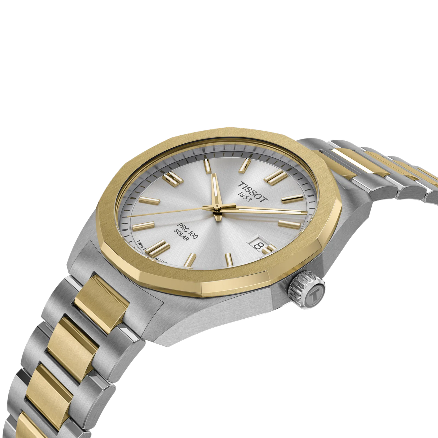 Tissot 39mm PRC 100 Solar, Yellow Gold PVD & Silver with Date Dial, Bracelet Watch
