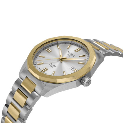 Tissot 39mm PRC 100 Solar, Yellow Gold PVD & Silver with Date Dial, Bracelet Watch