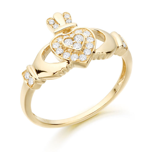 9ct Yellow Gold Pave CZ Claddagh Heart & Cuffs Ring