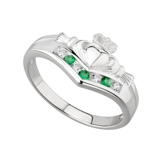 Sterling Silver Emerald & CZ Claddagh Wishbone Ring