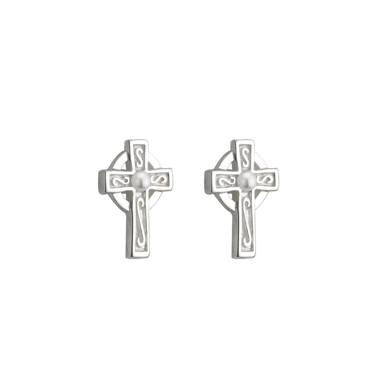 Sterling Silver Celtic Cross Pearl Stud Earrings