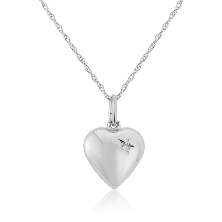 9ct White Gold Puff Heart with Small Diamond