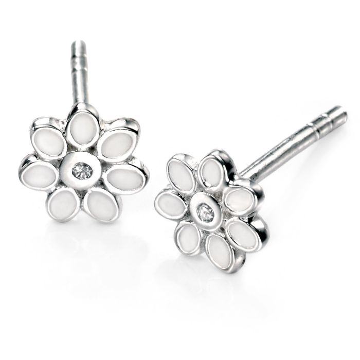 Sterling Silver Childrens Earrings Flower and Diamond