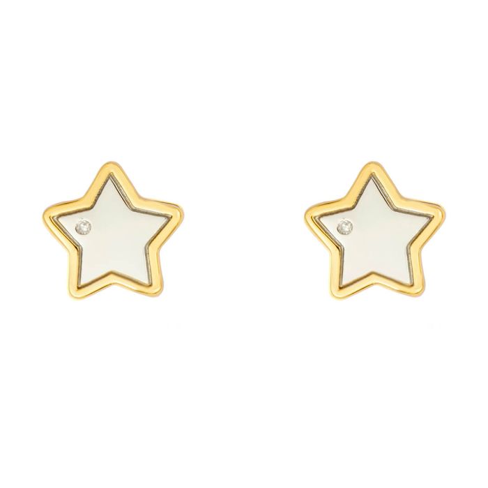 Sterling Silver & Yellow Tone Children's Star & Diamond Stud Earrings