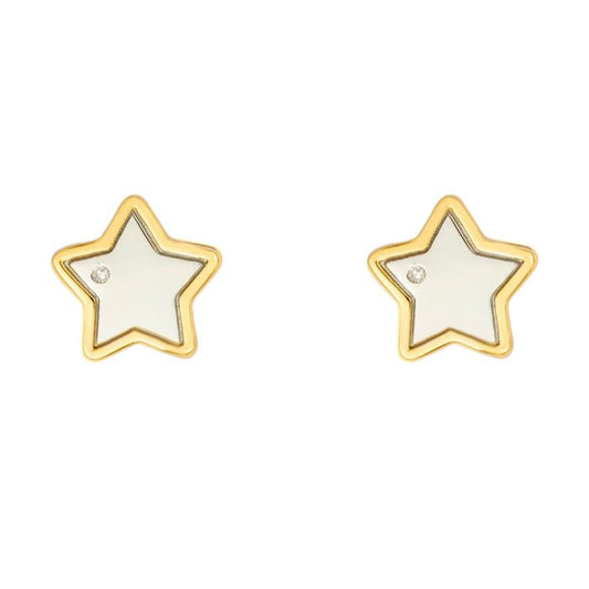 Sterling Silver & Yellow Tone Children's Star & Diamond Stud Earrings