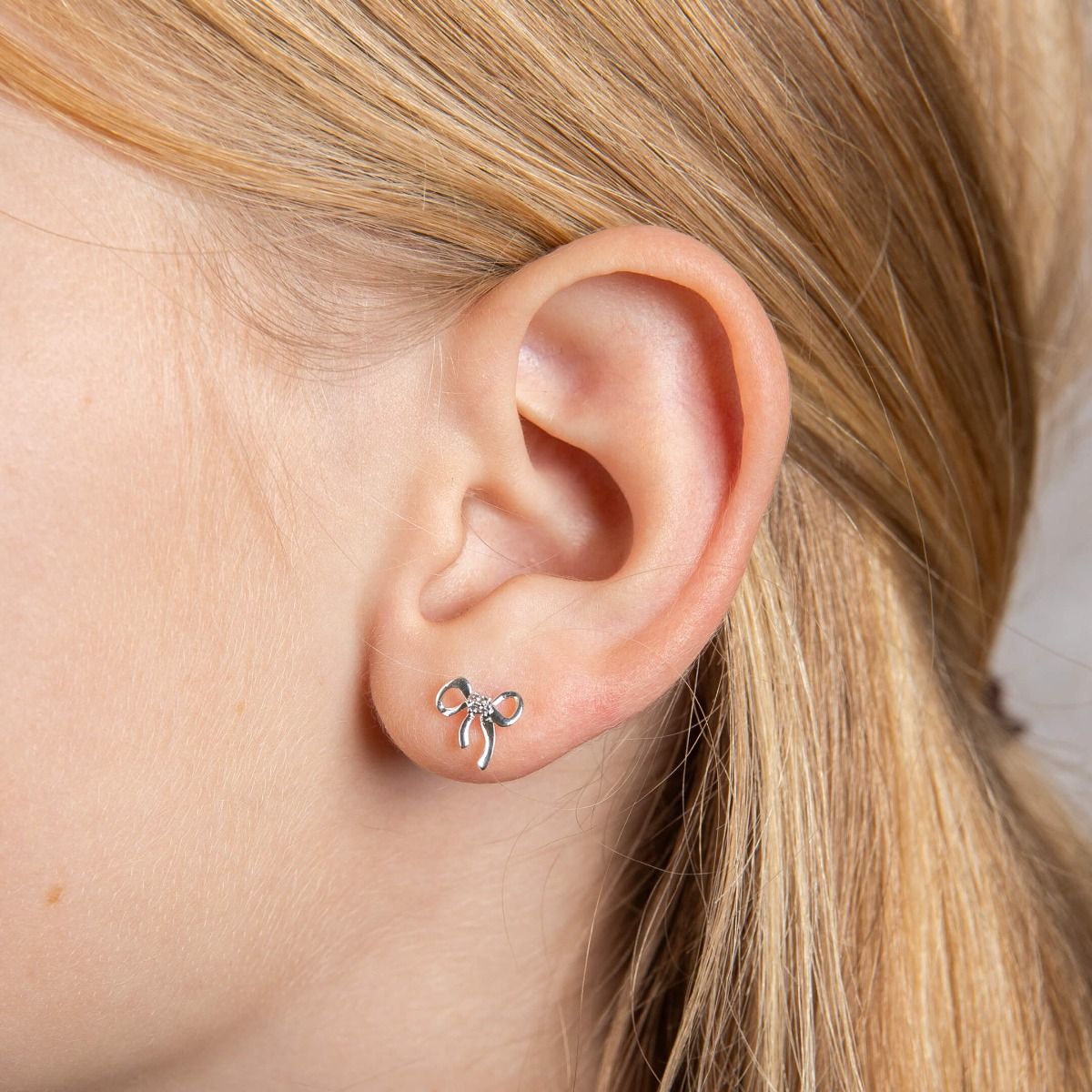 Silver Children's CZ Ribbon Bow Earrings