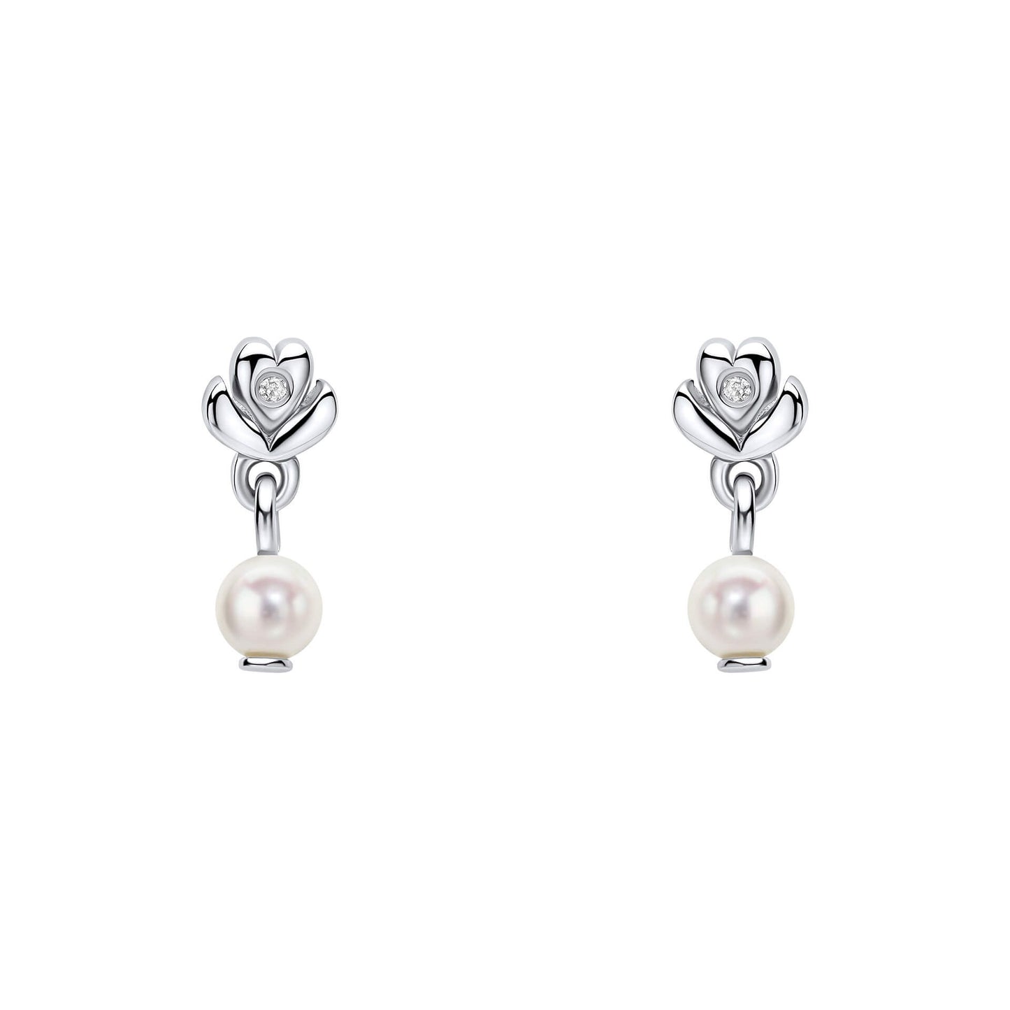 Sterling Silver Children's Flower Diamond & Pearl Drop Stud Earrings