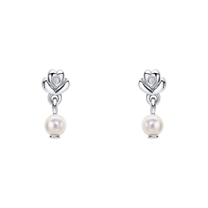 Sterling Silver Children's Flower Diamond & Pearl Drop Stud Earrings