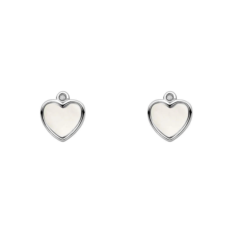 Sterling Silver Children's Mother of Pearl Heart & Diamond Stud Earrings