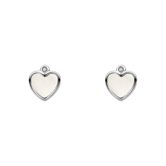 Sterling Silver Children's Mother of Pearl Heart & Diamond Stud Earrings