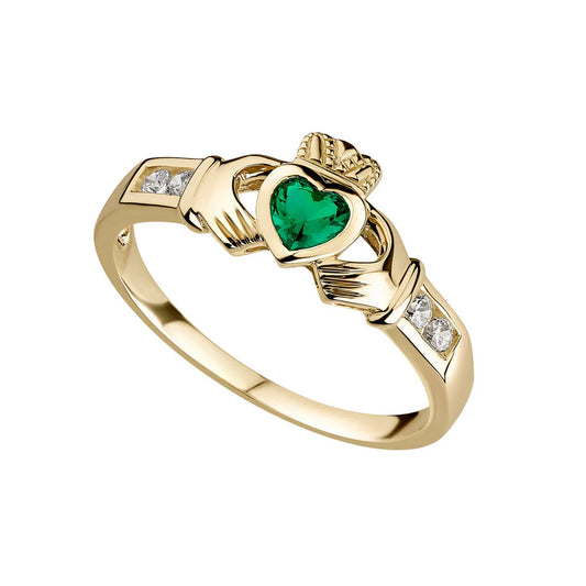 9ct Yellow Gold Claddagh Green Heart & Shoulder Set Ring