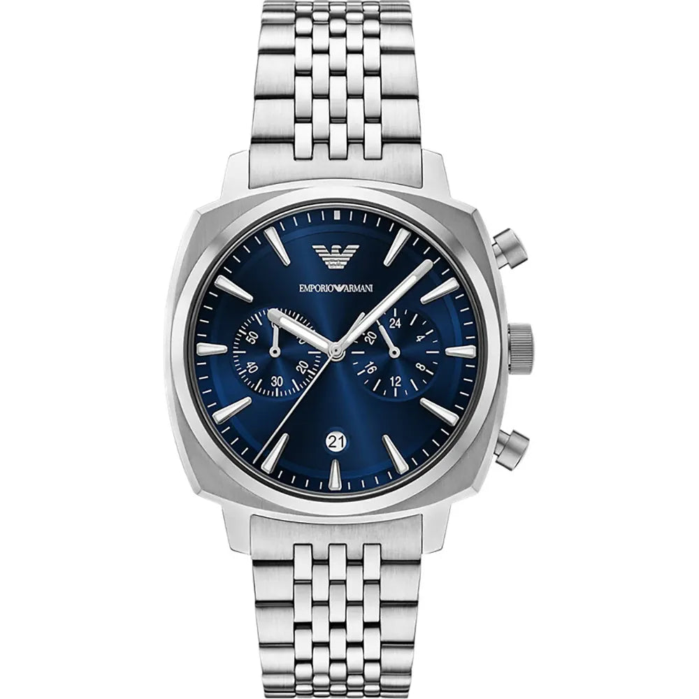 Emporio Armani 40mm Chronograph Men's Carlo Blue Dial Silver Bracelet Watch