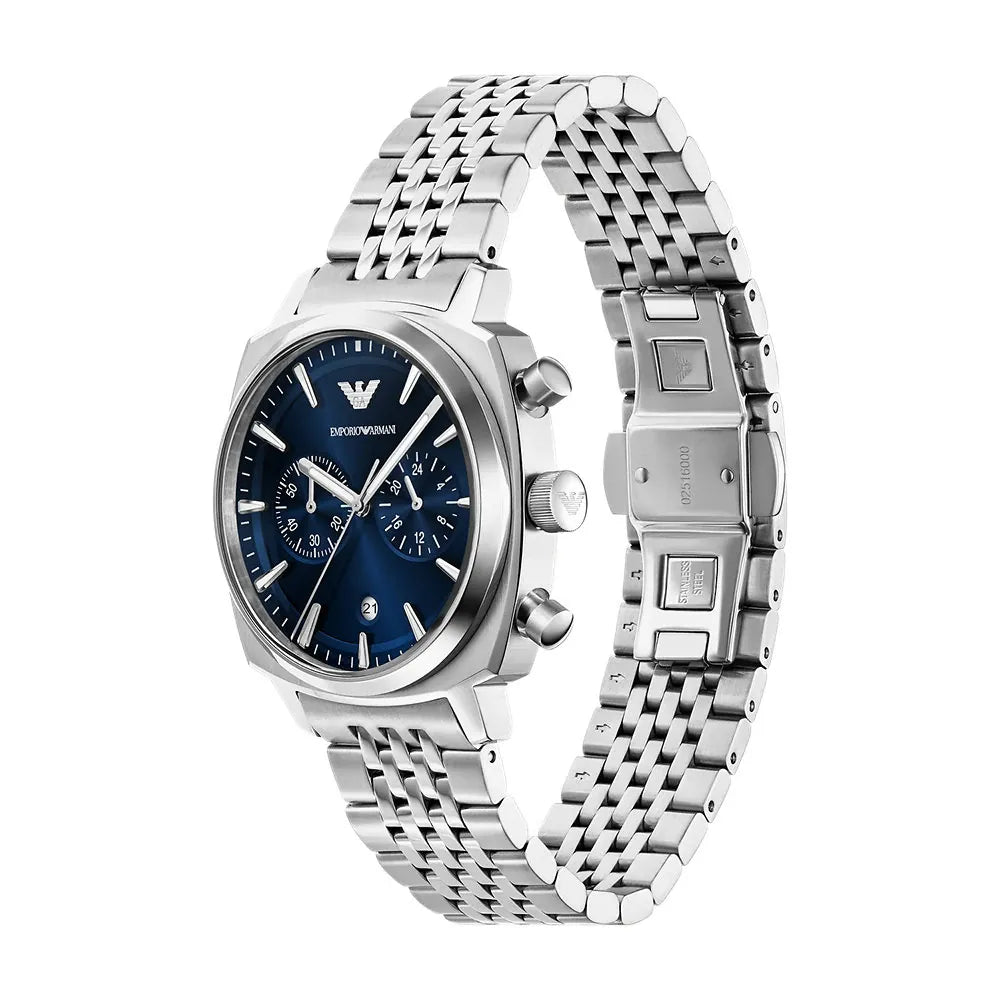 Emporio Armani 40mm Chronograph Men's Carlo Blue Dial Silver Bracelet Watch