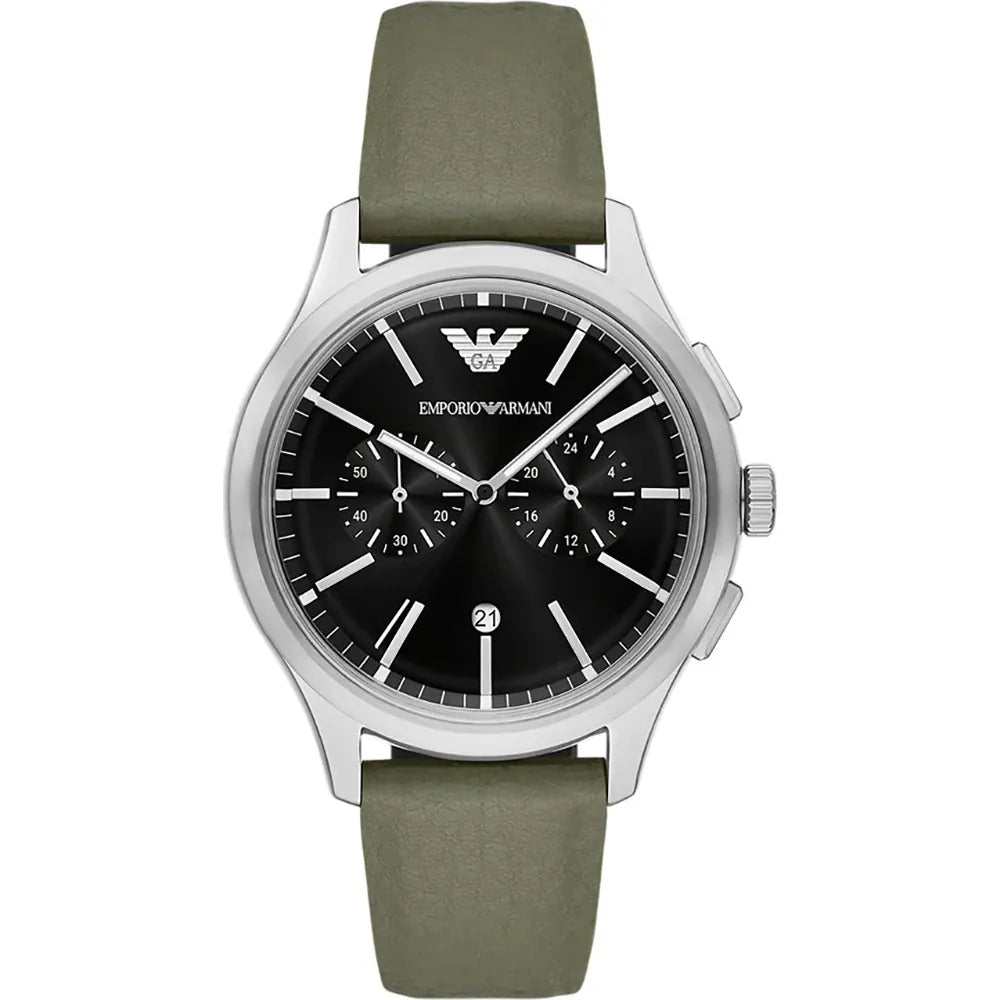 Emporio Armani 42mm Dario Black Dial Green Mirum Leather Strap Watch