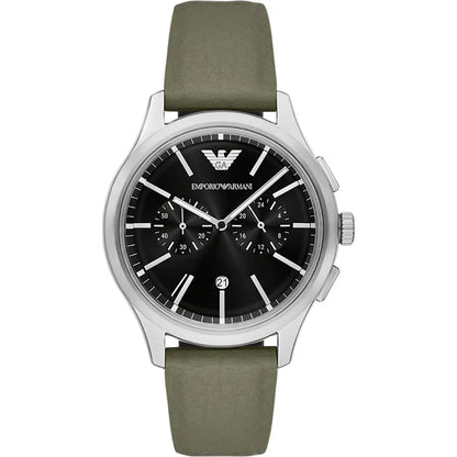 Emporio Armani 42mm Dario Black Dial Green Mirum Leather Strap Watch